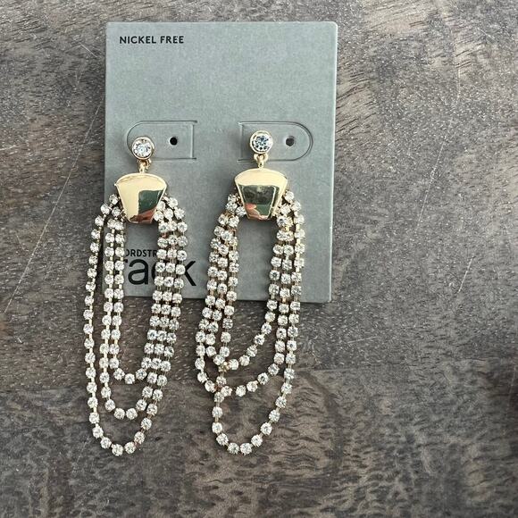 🍭6/$30 New Nordstrom Metallic Gold Tone Rhinestone Studded Dangle Post Earrings - Picture 2 of 4